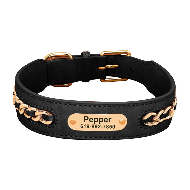 Personalised Leather Dog Collar UK With Name & Phone Number - Black
