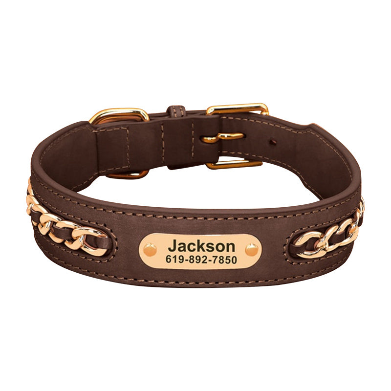 Personalised Leather Dog Collar UK With Name & Phone Number - Brown