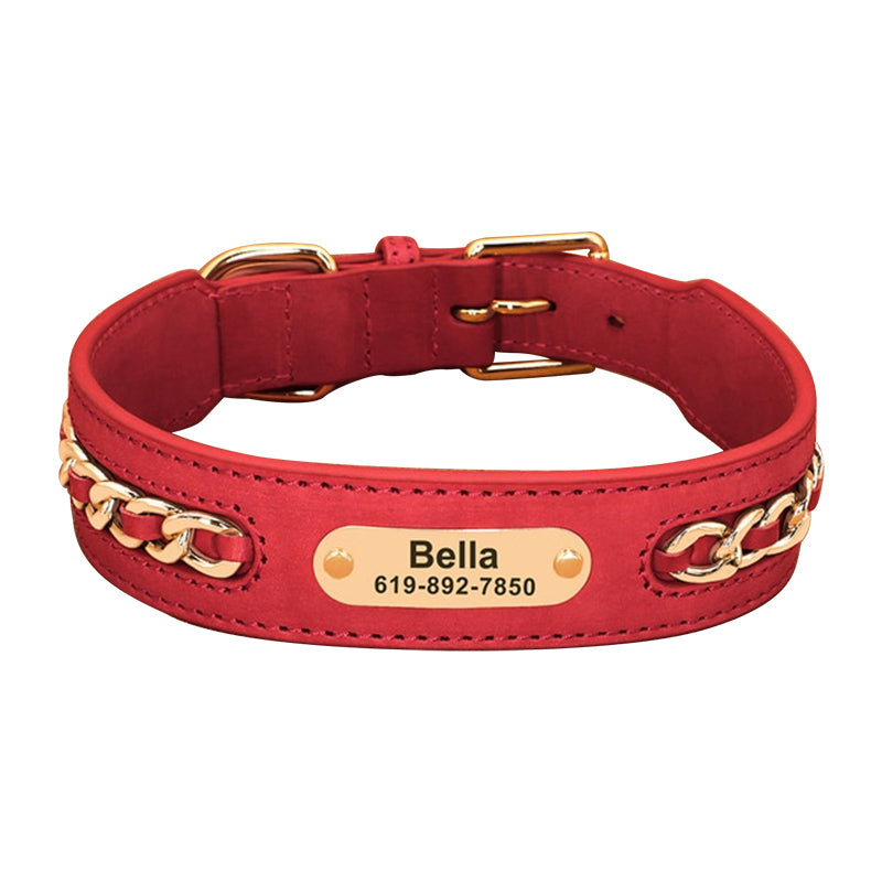 Personalised Leather Dog Collar UK With Name & Phone Number - Red