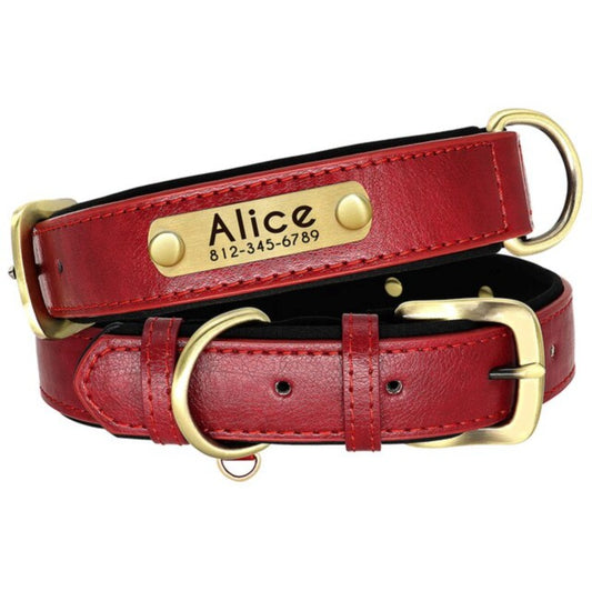 Personalised Dog Collar UK - Leather Dog Collar - Customised Red Dog Collar With Name & Phone Number