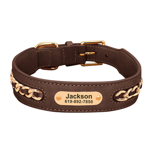 Personalised Dog Collar UK - Leather Dog Collar - Customised Brown Dog Collar With Name & Phone Number
