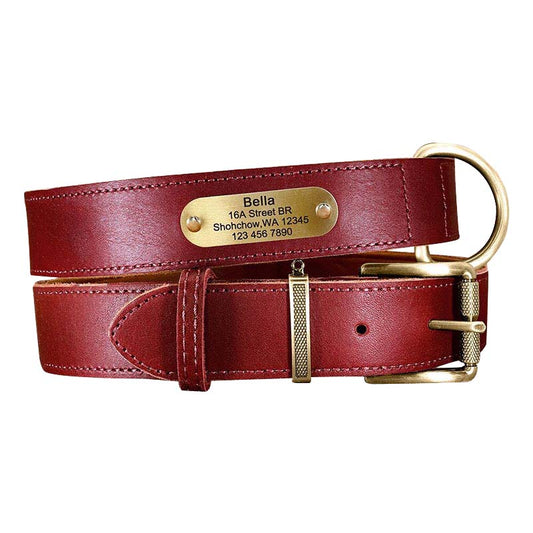 Personalised Dog Collar UK - Leather Dog Collar - Customised Red Dog Collar With Name & Phone Number