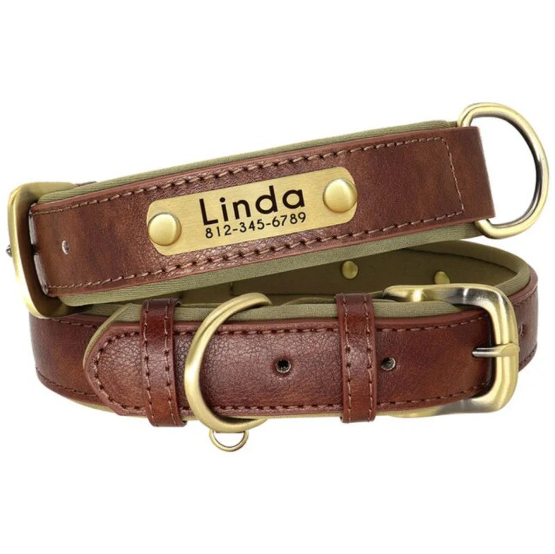 Personalised Leather Dog Collar With Name & Phone Number UK - Custom Dog Collar UK - Brown