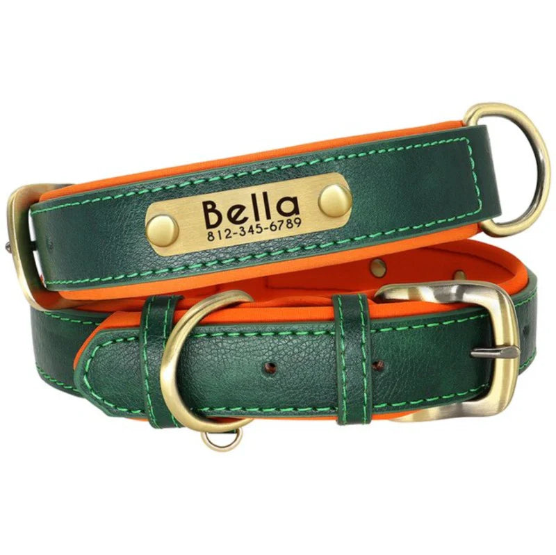 Leather Dog Collar - Green, textbadge